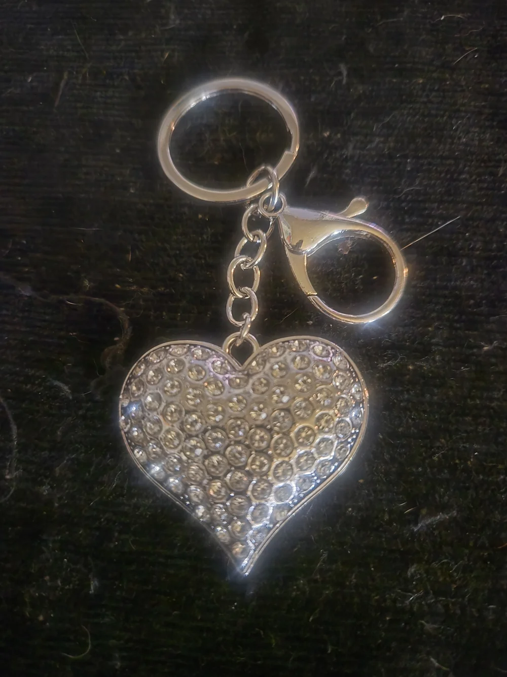 Rhinestone Heart Keychain, Bag PURSE Charm Silver Sparkle Bling